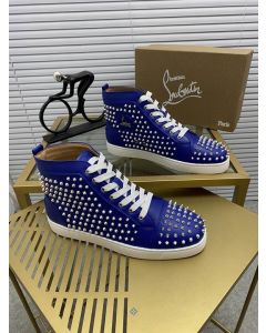 Christian Louboutin Louis Spikes Flat High-top Sneakers Calfskin Blue