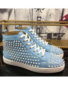 Christian Louboutin Louis Spikes High-Top Sneakers Calf Leather Light Blue