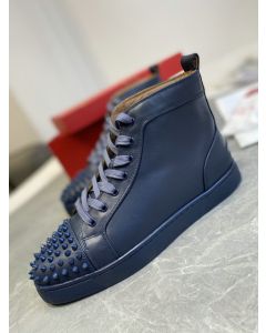 Christian Louboutin Louis Spikes High-top Sneakers Calf Leather Navy Blue