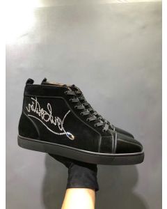 Christian Louboutin Louis Strass Flat High-top Sneakers Suede and Patent Leather Black