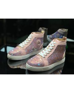 Christian Louboutin Louis Strass Flat High-top Sneakers Rhinestone Embellishments Pink