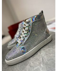 Christian Louboutin Louis Strass High-top Sneakers Iridescent Leather and Strass Silver