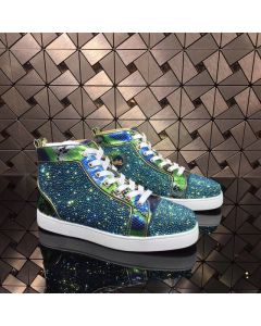 Christian Louboutin Louis Strass High-Top Sneakers Python Leather Blue Green