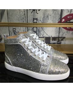 Christian Louboutin Louis Strass High-Top Sneakers Suede and Glitter Leather Silver