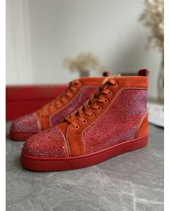 Christian Louboutin Louis Strass High-Top Sneakers Veau Velous and Strass Orange