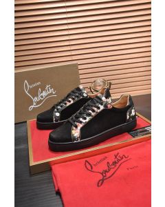 Christian Louboutin Men Sneakers Low-top Floral Trim Veau Velours Black