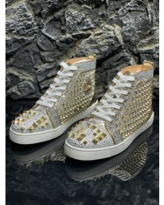 Christian Louboutin Mixkeoshell Flat High-top Women Sneakers Spikes and Strass Silver Gold