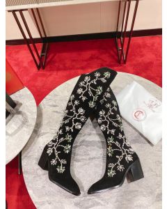 Christian Louboutin Morgan Fleur Knee High Boots Velvet with Crystals Black