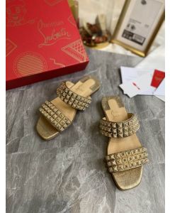 Christian Louboutin Myriadiam Flat Slide Sandals Metallic Cork Gold