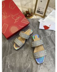 Christian Louboutin Myriadiam Flat Slide Sandals Metallic Cork Silver