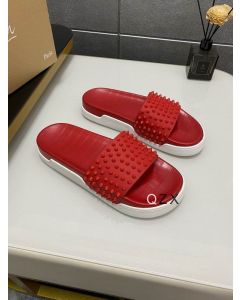 Christian Louboutin Pool Fun Slide Sandals Spiked Crocodile Embossed Rubber Red