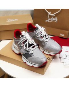 Christian Louboutin Red Runner Flat Sneakers Glitter Silver