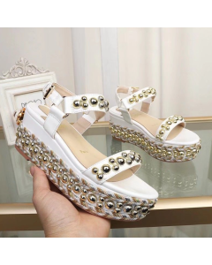 Christian Louboutin Rondaclou Embellished 60mm Wedge Sandals Gold Hardware White