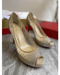 Christian Louboutin Very Strass Peep Toe Pumps 120mm Mesh and Leather Gold