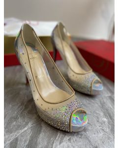 Christian Louboutin Very Strass Peep Toe Pumps 120mm Mesh and Leather Silver