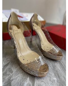 Christian Louboutin Very Strass Peep Toe Pumps 120mm PVC and Glitter Gold