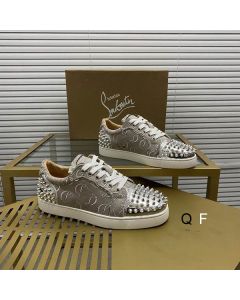 Christian Louboutin Vieira 2 Flat Spikes Sneakers Monogram-jacquard Metallic Silver