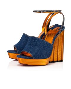 Christian Louboutin Wedge Mira Colunata 120 mm Denim/lin Saba Gold/saba Gd Tissu