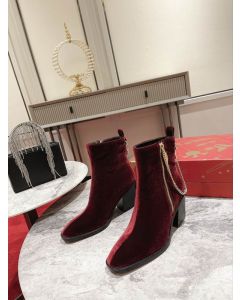 Christian Louboutin Zip Ankle Boots 70mm  With Chain Velvet Burgundy