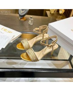 Dior Dway Heeled Sandal 65mm Gold-Tone Cotton Embroidered