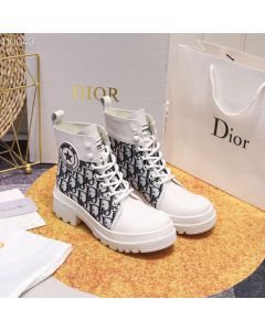 Dior Explorer Ankle Boot Rough Heel Oblique Fabric Calf Leather White