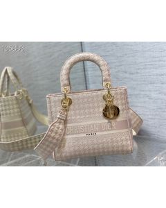 Dior Lady D-Lite Bag 24Cm Pink Houndstooth Embroidery