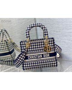 Dior Lady D-Lite Bag 24Cm Black White Houndstooth Embroidery