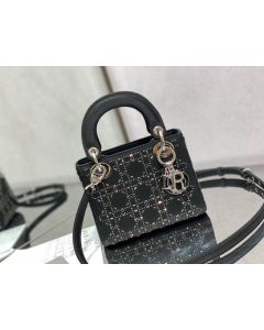 Dior Lady Dior Bag 17CM Crystal Embellished Cannage Satin Black