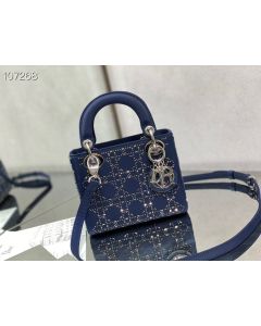 Dior Lady Dior Bag 17CM Crystal Embellished Cannage Satin Blue