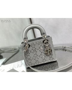 Dior Lady Dior Bag 17CM Crystal Embellished Cannage Satin Silver