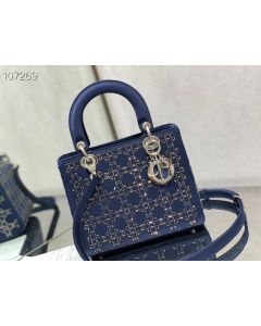 Dior Lady Dior Bag 24CM Crystal Embellished Cannage Satin Blue