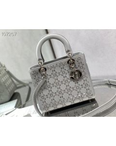 Dior Lady Dior Bag 24CM Crystal Embellished Cannage Satin Silver