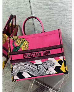 Dior Medium Book Tote Bag D-Jungle Pop Embroidery Pink