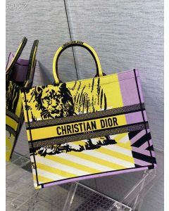 Dior Medium Book Tote Bag Yellow D-Jungle Pop Embroidery