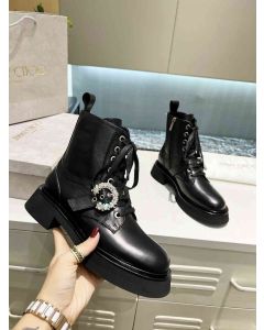 Jimmy Choo Cora Flat Calf Leather Combat Boots Crystal Buckle Black