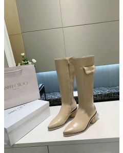 Jimmy Choo Knee Boot 45mm Pocket Decor Med Heel Beige