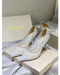 Jimmy Choo Love 85 Glitter Fabric Pumps Tulle Overlay Silver 