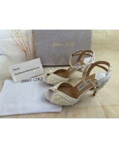 Jimmy Choo Sacora 100mm White Satin Sandals with All Over Pearls