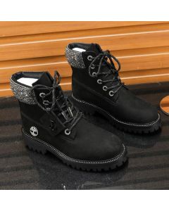 Jimmy Choo Timberland Boots Nubuck Leather Embroidered Logo Black Silver