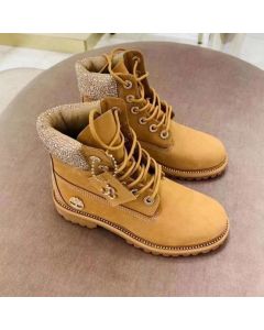 Jimmy Choo Timberland Boots Nubuck Leather Embroidered Logo Camel Gold