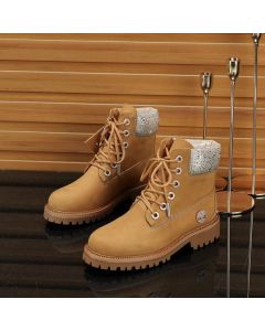 Jimmy Choo Timberland Boots Nubuck Leather Embroidered Logo Camel Silver