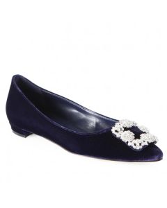 Manolo Blahnik Hangisi Flats Blue Velvet Crystal Buckle