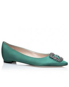 Manolo Blahnik Hangisi Flats Green Satin