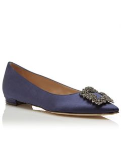 Manolo Blahnik Hangisi Flats Navy Blue Satin