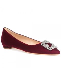 Manolo Blahnik Hangisi Flats Red Velvet with Crystal Buckle