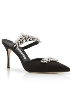 Manolo Blahnik Lurum 90mm Mules Black Satin Crystal