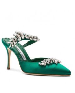 Manolo Blahnik Lurum 90mm Mules Green Satin Crystal