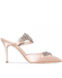 Manolo Blahnik Lurum 90mm Mules Nude Satin Crystal