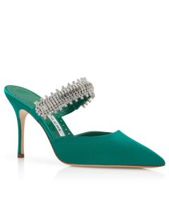 Manolo Blahnik Lutara Crystal 90mm Mules Green Satin