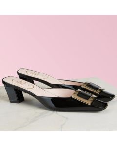 Roger Vivier Belle Vivier Metal Buckle Mules Black Patent Leather